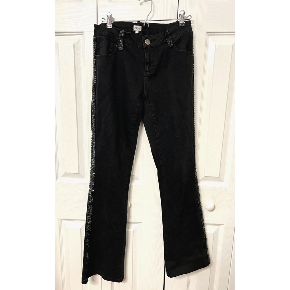 CACHE Women's 4 Black Flare Leg Jeans Embellished Sequins Glam Chic Y2K Stretch